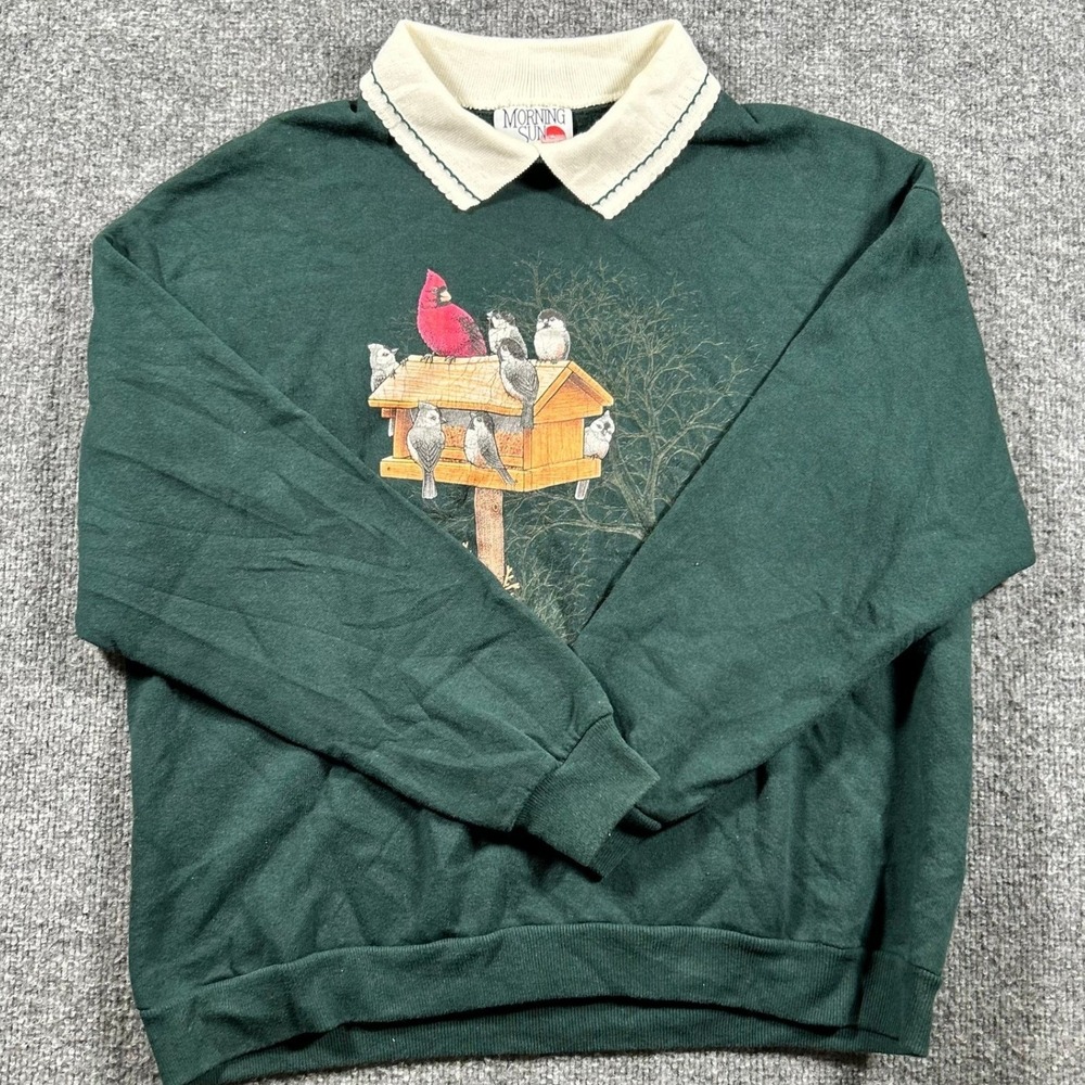 Morning Sun Sweatshirt Womens Size PM Green Collared Bird Graphic Vintage USA